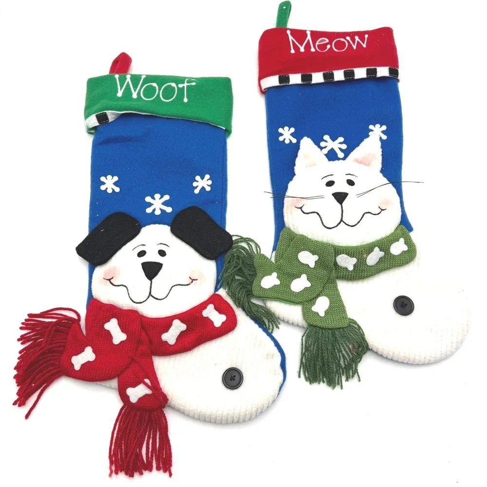 Pets Christmas Stocking Dog Cat Woof Meow Plush Applique Holiday Decor Set of 2